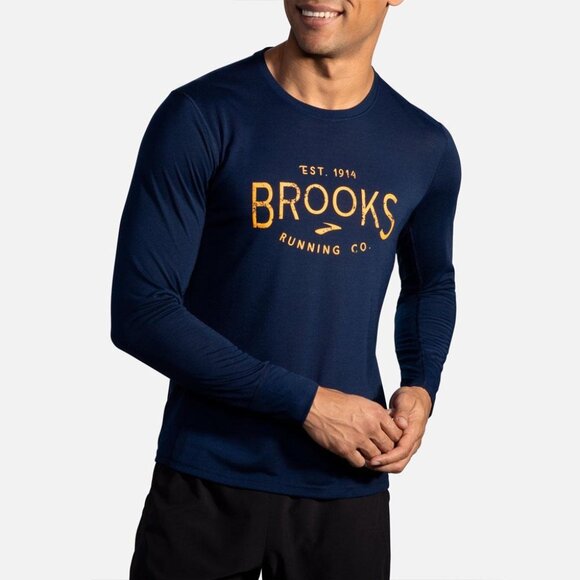 Brooks Men's Distance Graphic Long Sleeve, Navy, Size Large, NWT - Picture 1 of 5